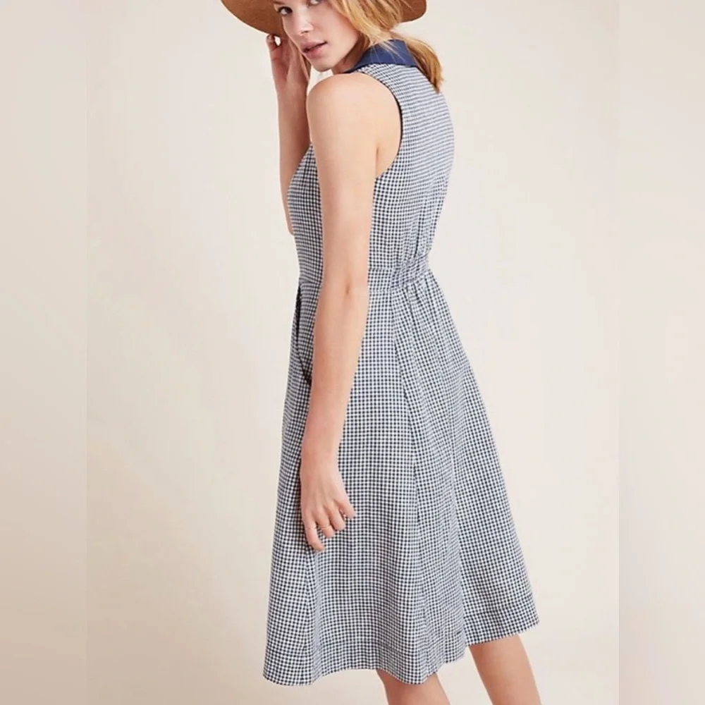 HTF Anthropologie Navy Blue Linen Cotton Gingham Camellia Collared Dress Size 10 - Picture 3 of 13